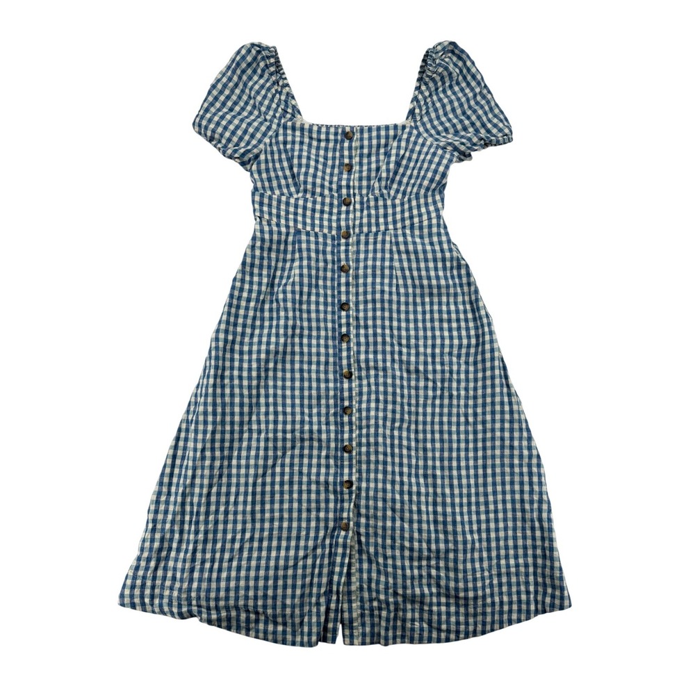 Boden Square Neck Linen Midi Dress Women 10R Blue Gingham Excellent Pockets